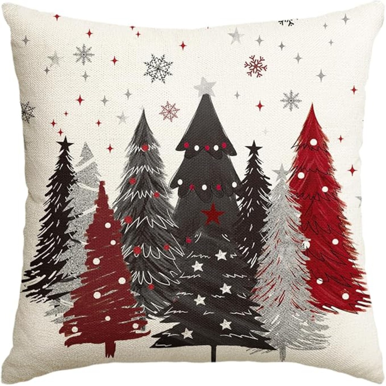 Red and Black Merry Christmas Trees Snowflake Throw Pillow Cover, 18 x 18 Inch Seasonal Winter Holiday Cushion Case Decoration for Sofa Couch